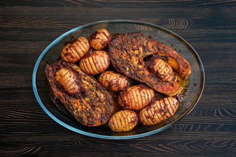 Baked salmon steak with hasselback potatoes