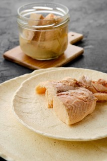 Closeup view of canned sea trout on a plate