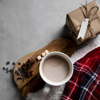 Top view winter hygge elements with cup hot chocolate. Resolution and high quality beautiful photo