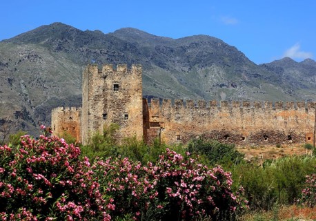 View of the fortress of Frangokastello on the southern coast of the Mediterranean island and the Kryoneritis mountains in the background