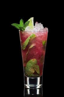 Variation of mojito cocktail with strawberry syrup isolated on black