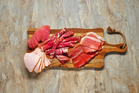Top view of meat plate snack for wine