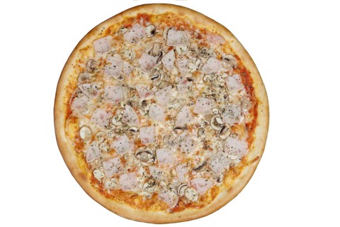 Top view of pizza with ham