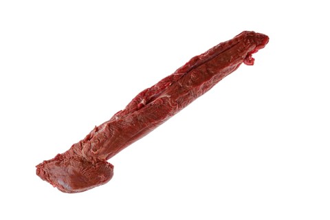 Overhead view of raw fresh top round beef strip isolated on white background