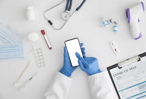 Top view doctor holding mobile phone. Resolution and high quality beautiful photo