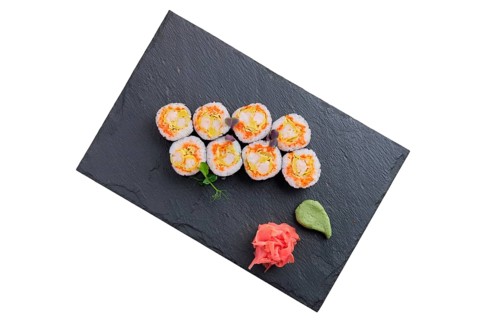 Set of rolls with omelette and shrimp isolated on white background