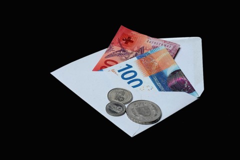 Swiss banknotes and coins with envelope