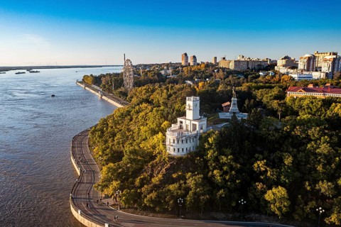 Aerial of Khabarovsk and the Amur river