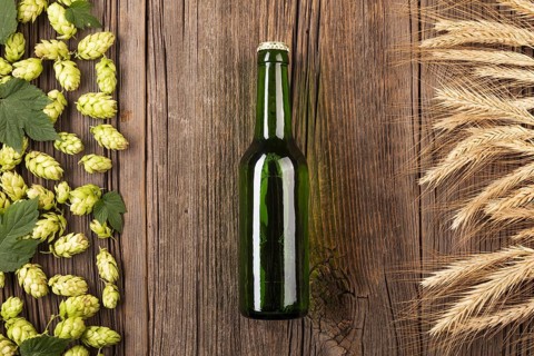 Top view beer bottle with ingredients. Resolution and high quality beautiful photo