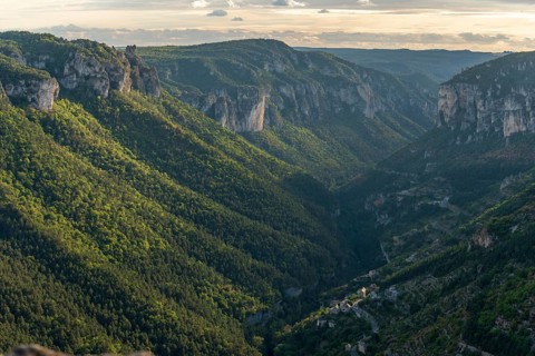View of the Gorges de la Jonte and the village of Le Truel in the Cevennes National Park. Aveyron