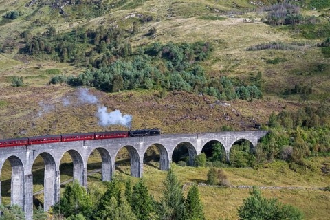 Glenfinnan Viaduct from the Harry Potter films with steam locomotive