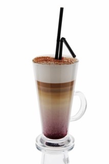 Blueberry cappuccino in tall glass isolated on white background