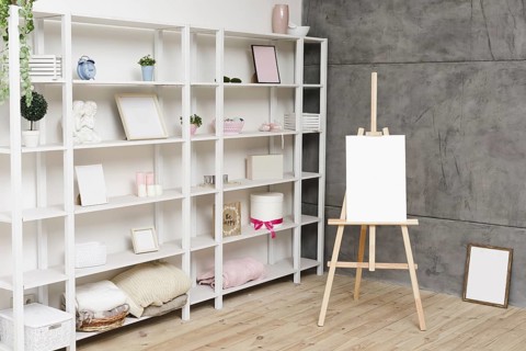 Modern bright bookshelf with decoration