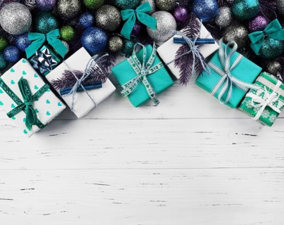 Christmas composition of gift boxes and colourful baubles
