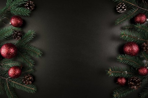 Christmas composition of green fir tree branches with red baubles