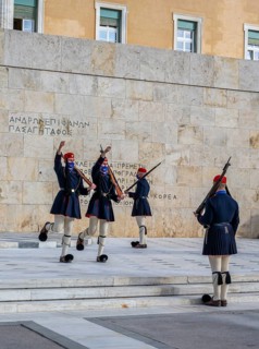 Detachment of the Presidential Guard Evzones in front of the Monument to the Unknown Soldier near the Greek Parliament