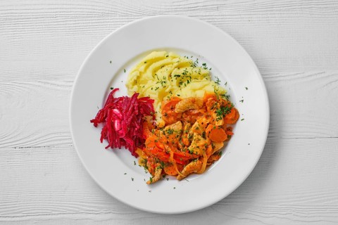 Top view of plate with beef goulash