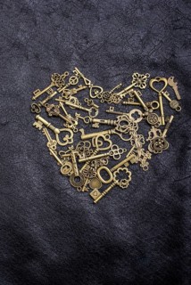 Retro style metal keys form a heart shape on black