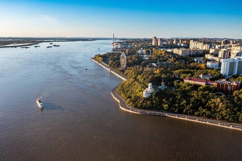 Aerial of Khabarovsk and the Amur river