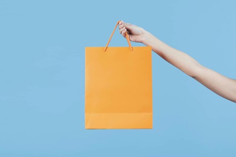 Hand holding shopping bag plain background