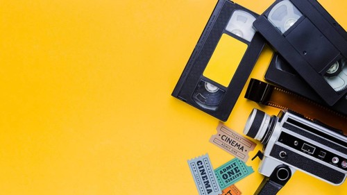 Videotape with vintage videocamera and cinema tickets. Resolution and high quality beautiful photo