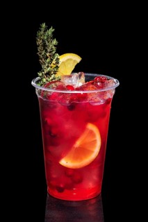Cranberry vodka cocktail with lemon and rosemary isolated on black