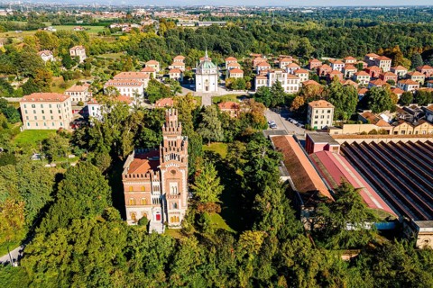 Aerial of the Unesco world heritage site "company town". Crespi dÂ´Adda