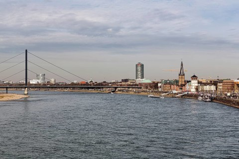 Panoramic view over the Rhine and the Rheinkniebruecke to the city