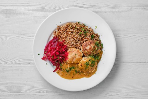 Top view of plate with meatballs