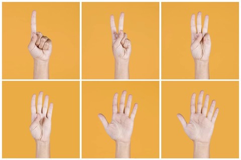 Collage one five fingers count signs yellow backdrop