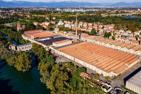 Aerial of the Unesco world heritage site "company town". Crespi dÂ´Adda