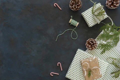 Top view christmas gifts with pine cones copy space. Resolution and high quality beautiful photo