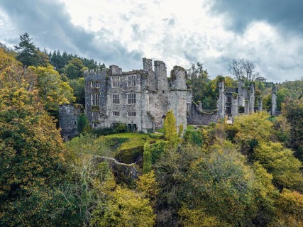 Autumn over Berry Pomeroy Castle from a drone