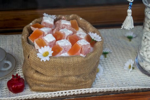 Delicious Turkish delight placed in a linen sack