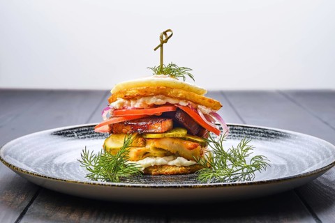 Potato fritter burger with chicken breast