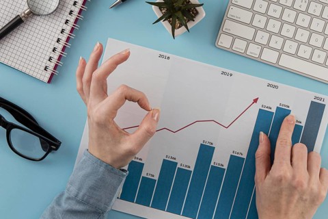 Top view business items with growth chart hands giving okay sign. Resolution and high quality beautiful photo