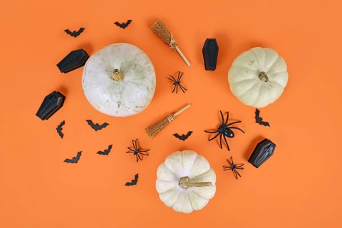 Halloween arrangement with white pumpkins