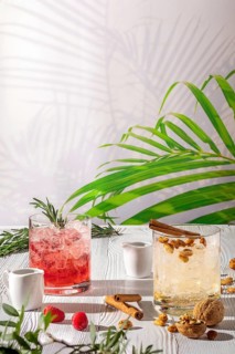 Espresso-tonic refreshing drink with different fruits and syrups on wooden table under morning sun