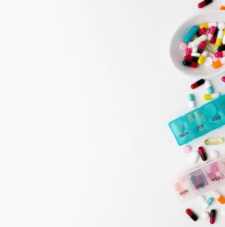 Copy space tablets with pills desk