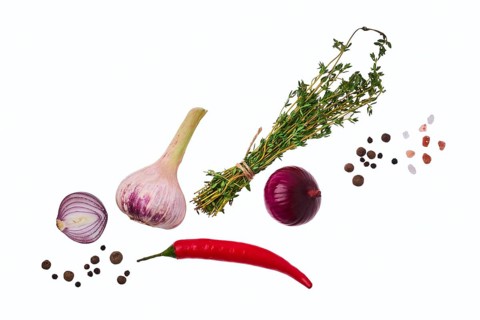 Top view of variety of spice isolated on white background. Garlic