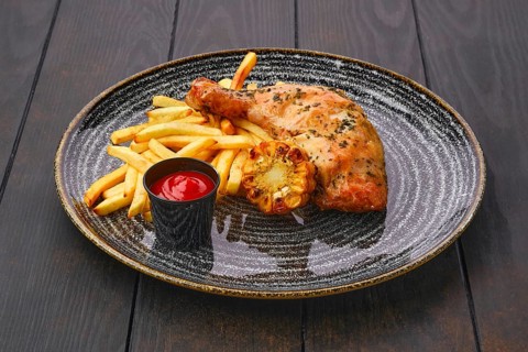 Baked chicken thigh with french fries