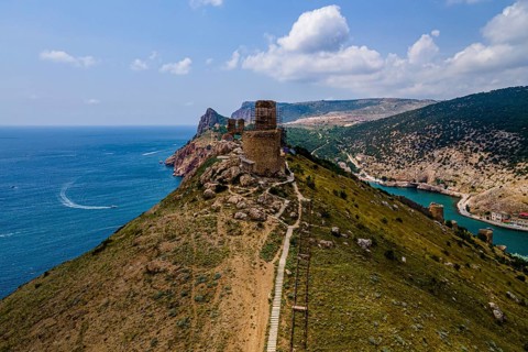 Aerial of the castle and bay of Balaklava