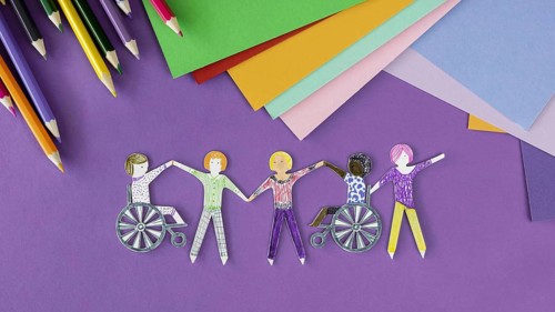 Multi ethnic disabled people community stationery items