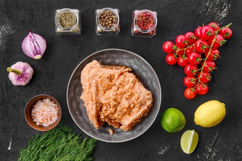 Top view of plate with minced salmon