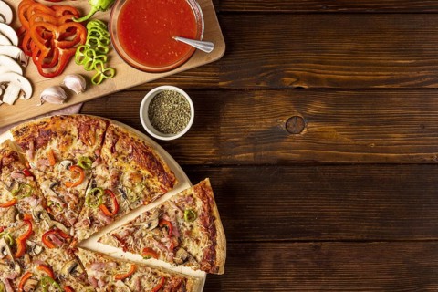 Top view pizza with red pepper tomato sauce with copy space. Resolution and high quality beautiful photo