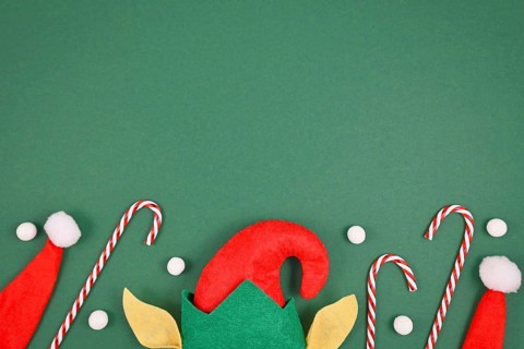 Seasonal flat lay with Christmas elf hat and ears