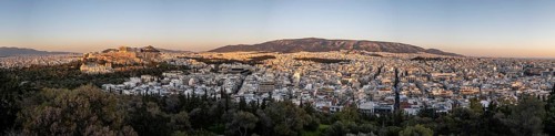 PanoramaView from Philopappos Hill over the city at sunset