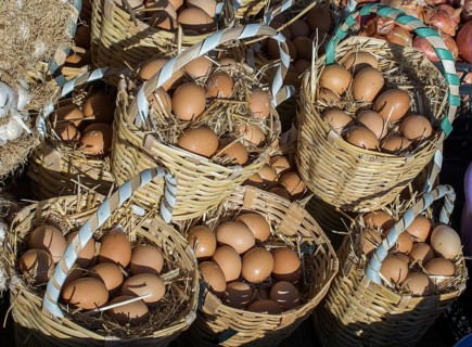 Organic fresh farm eggs in the straw basket
