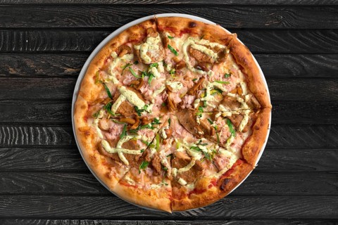 Overhead view of pizza on the table