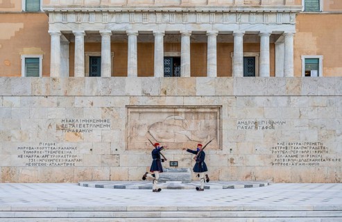 Detachment of the Presidential Guard Evzones in front of the Monument to the Unknown Soldier near the Greek Parliament